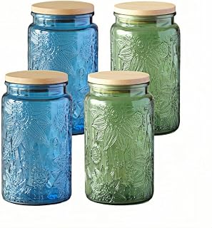 Set of 4 Colored Glass Jars, 34oz Candy Jars with Lids, Glass Food Storage Containers, Decorative Mason Jars for Kitchen Pantry Coffee Tea Cookie, Cute Jars (Blue & Green)