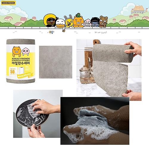 Miniatura 5 de KakaoFriends - Toalla desechable para fregar platos, hojas multiusos para fregar, 100 hojas (2 rollos de 50)