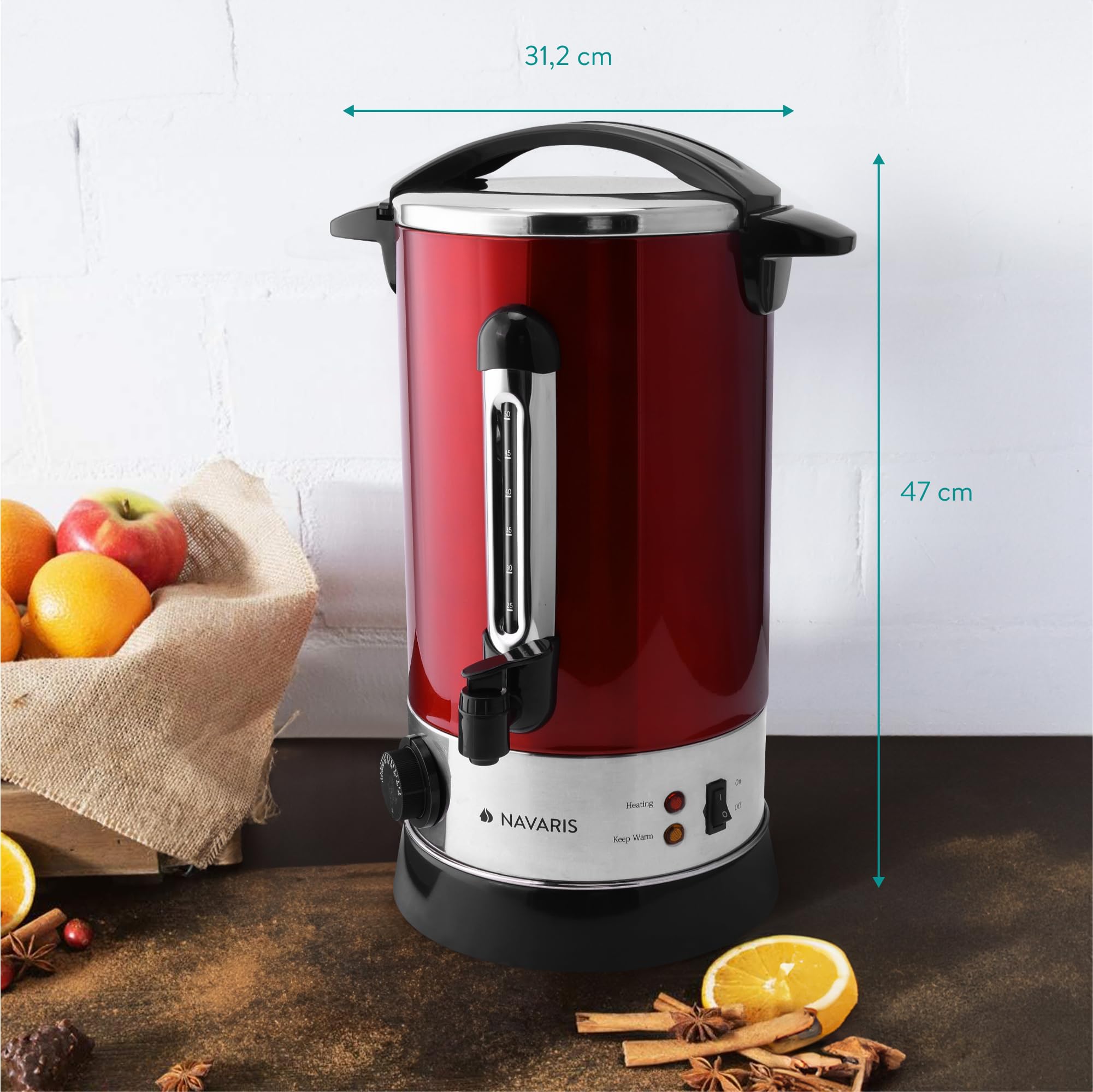 Navaris Pentola Bollitore 10l Vino Acqua - Dispenser Acqua Calda Vin Brulè Caffè - Distributore Elettrico Bevande Calde con Rubinetto - Rosso