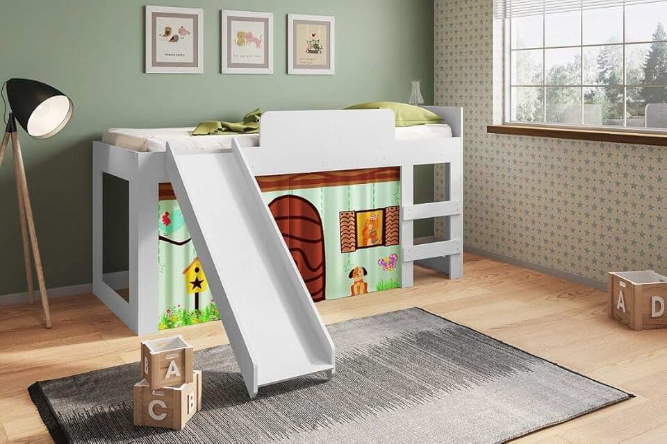 Cama Infantil 90 com Cortina e Escorregador Diversão Branco