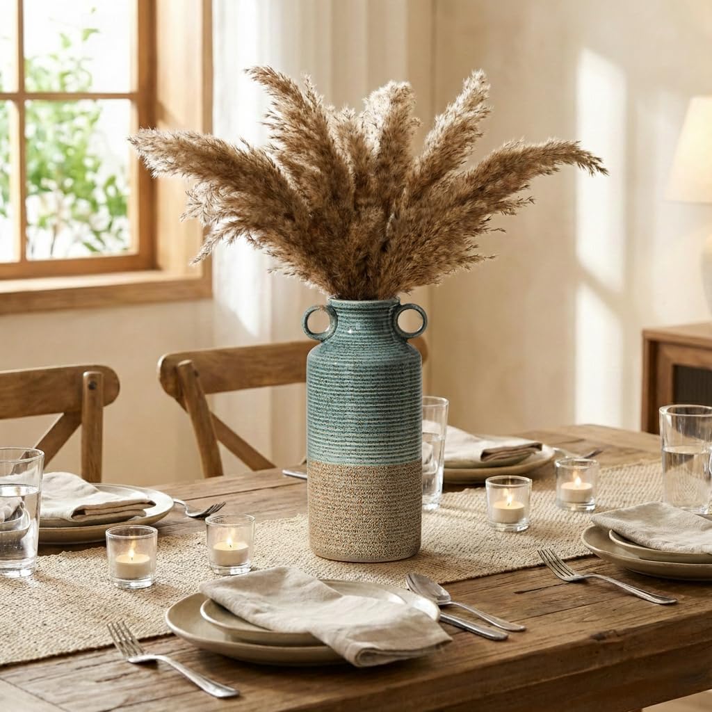 Blue and Brown Ceramic Rustic Vase with 2 Round Handles, Modern Farmhouse Flower Vase, Vintage Terracotta Vases for Home Decor, Wedding, Living Room, Table, Shelf Decor - 9.5 Inch Tall - Image 9