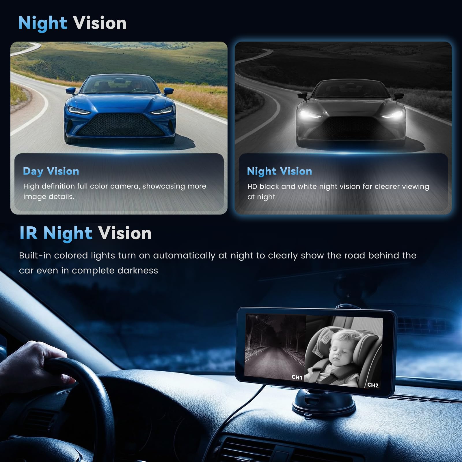 Cámara para niños con IPS Pantalla de 6,86" con cámara de Marcha atrás Visión Nocturna por Infrarrojos Impermeable IP69