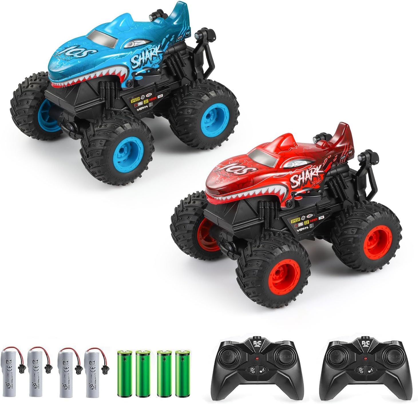 DYODYORC 2 Pack RC Monster Truck, 2.4Ghz High Speed Remote Control Car, All Terrain Shark RC Car with Light&Music&360°Stunt, 2 Rechargeable Batteries for 50 Mins+, Toy Gifts for Boys and Girls