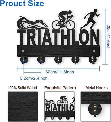 Miniatura 9 de Taekwondo - Perchero de madera negro para colgar en la pared, 5 ganchos de metal de 11.8 x 8 pulgadas, decoración artística de pared, medallas