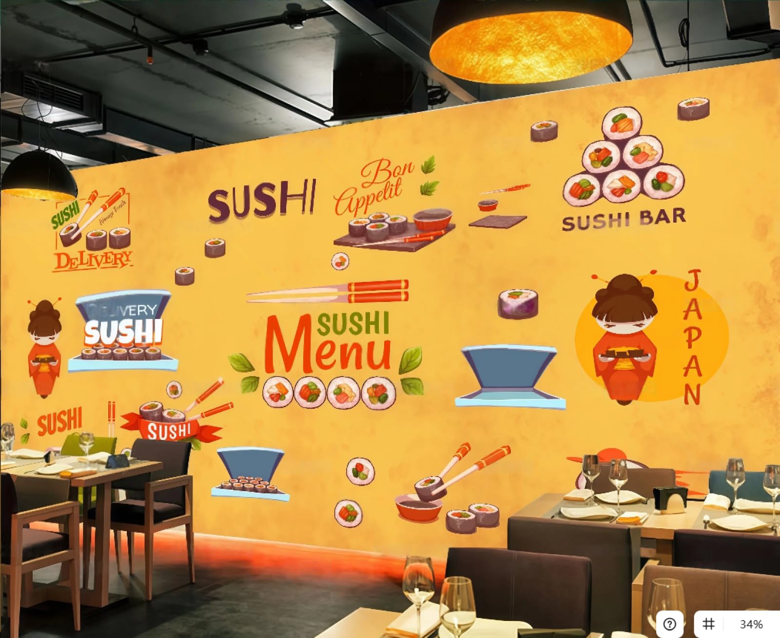 XDOUBAO Wallpaper Fashion Hand-Painted Delicious Cuisine Sushi Restaurant Fast Food Afternoon Tea Western Restaurant Background Wallpaper Coffee Shop Mural,3D,300x210cm