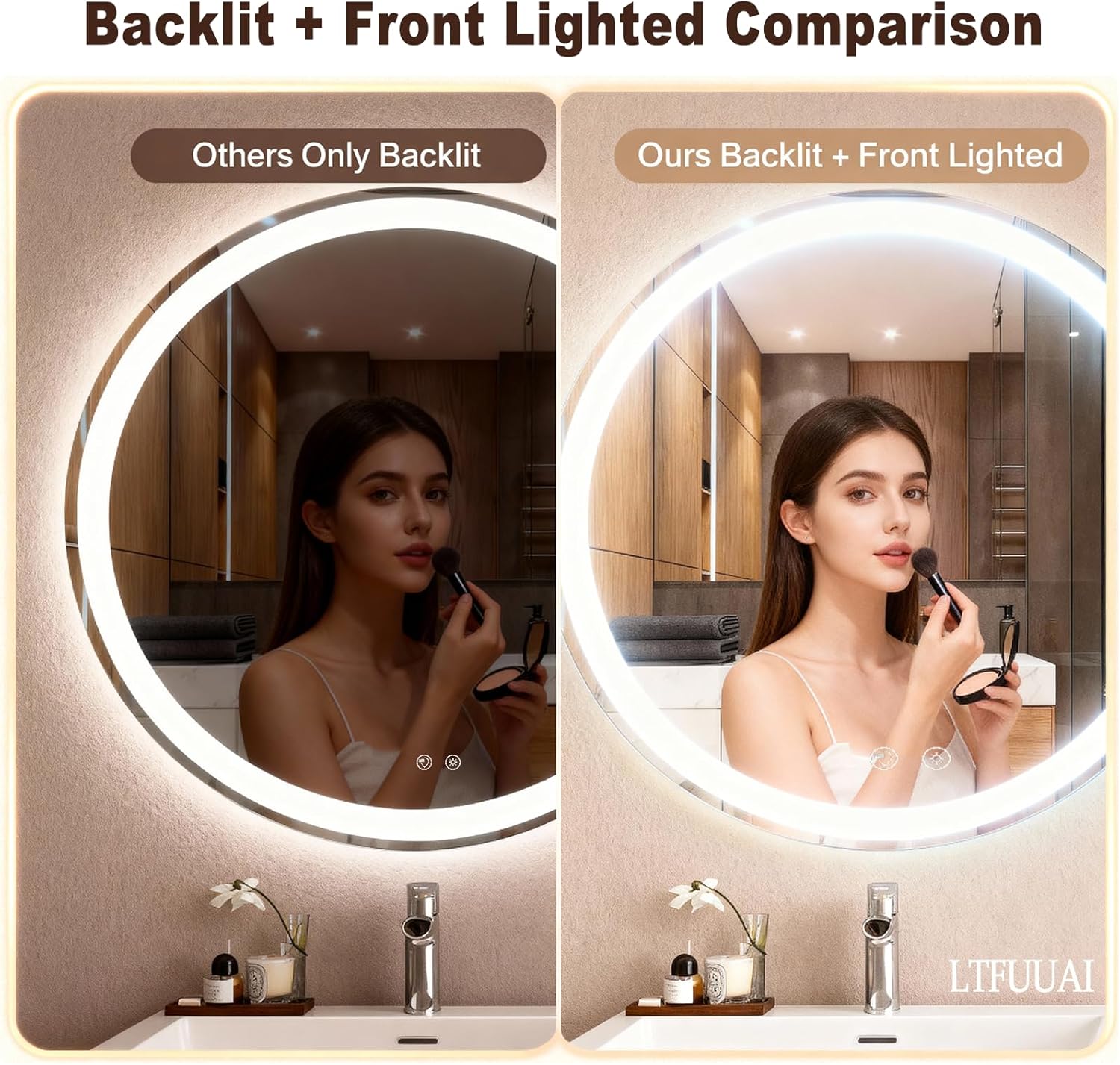 LTFUUAI 24" Round LED Bathroom Mirror with Lights, Smart Touch 3-Color Dimming Lighted Vanity Mirror wall Mounted, Anti-Fog Shatterproof with Front & Back Light, for Bathroom Vanity