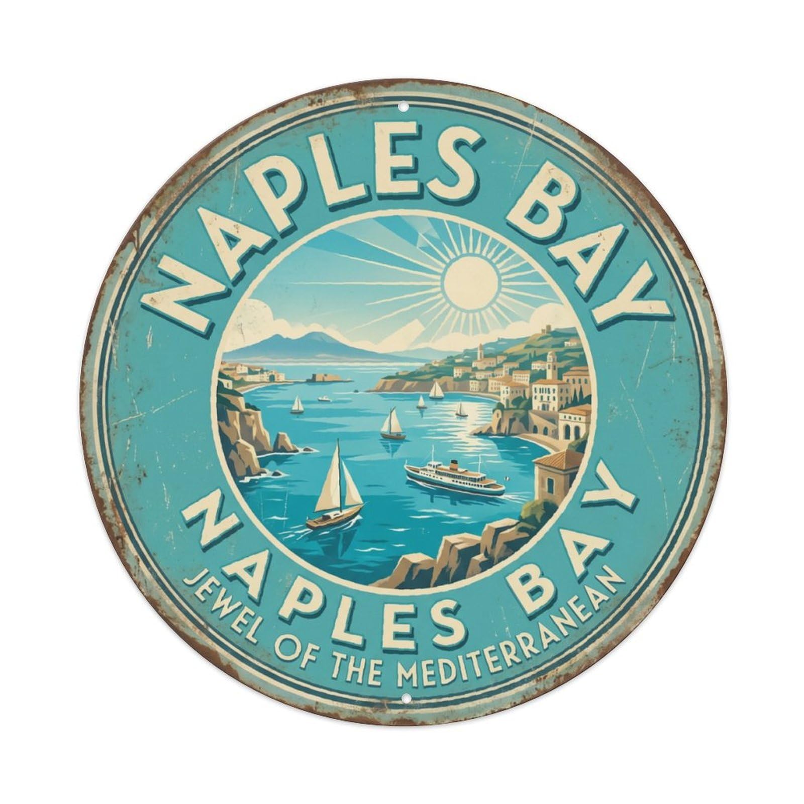 Naples Bay Mediterranean Italy Vintage Coastal Decor Plaque Vintage Aluminium Metal Sign, Retro Wall Decor for Home, Bar, Garage & Farmhouse 20x20cm