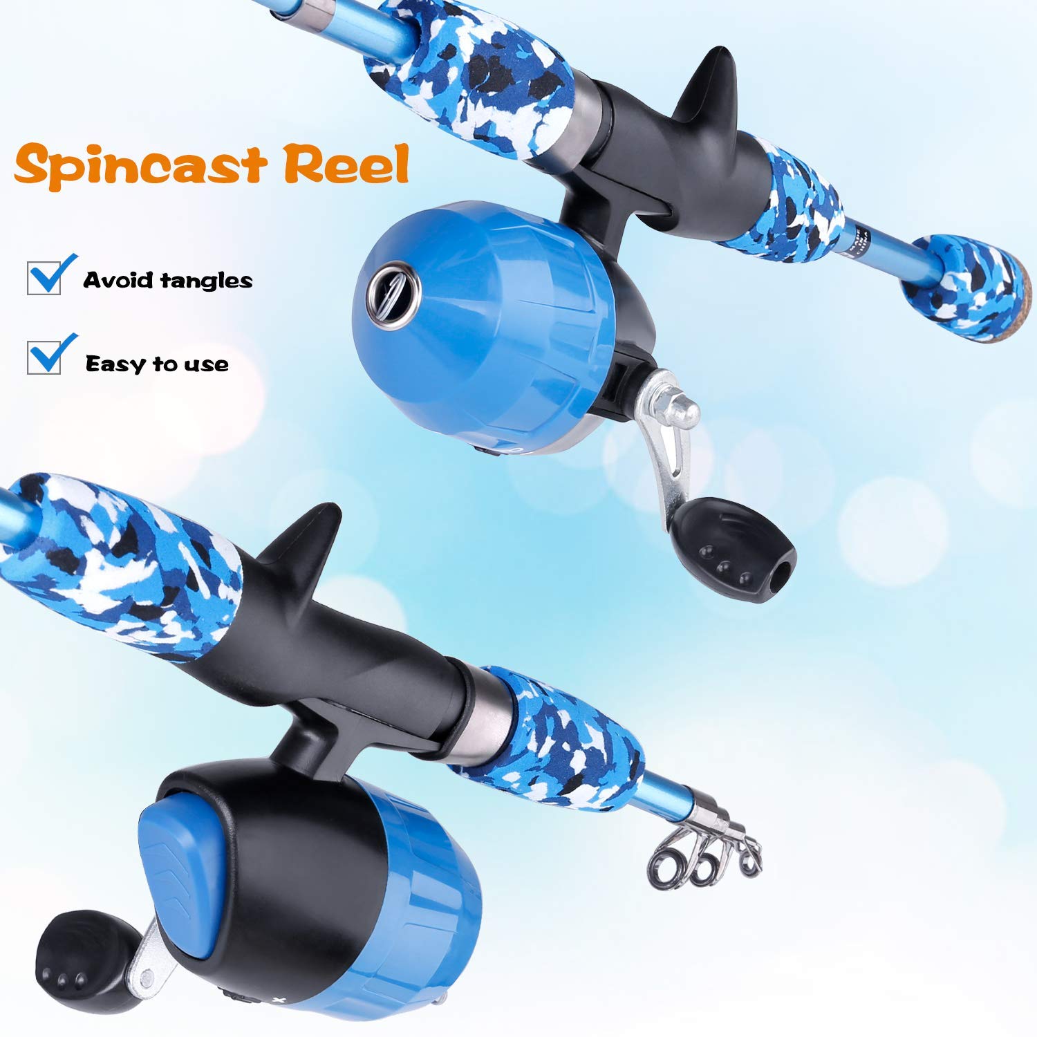 PLUSINNO - Set da pesca per bambini, con mulinello e esca, Blu, 1,5 m