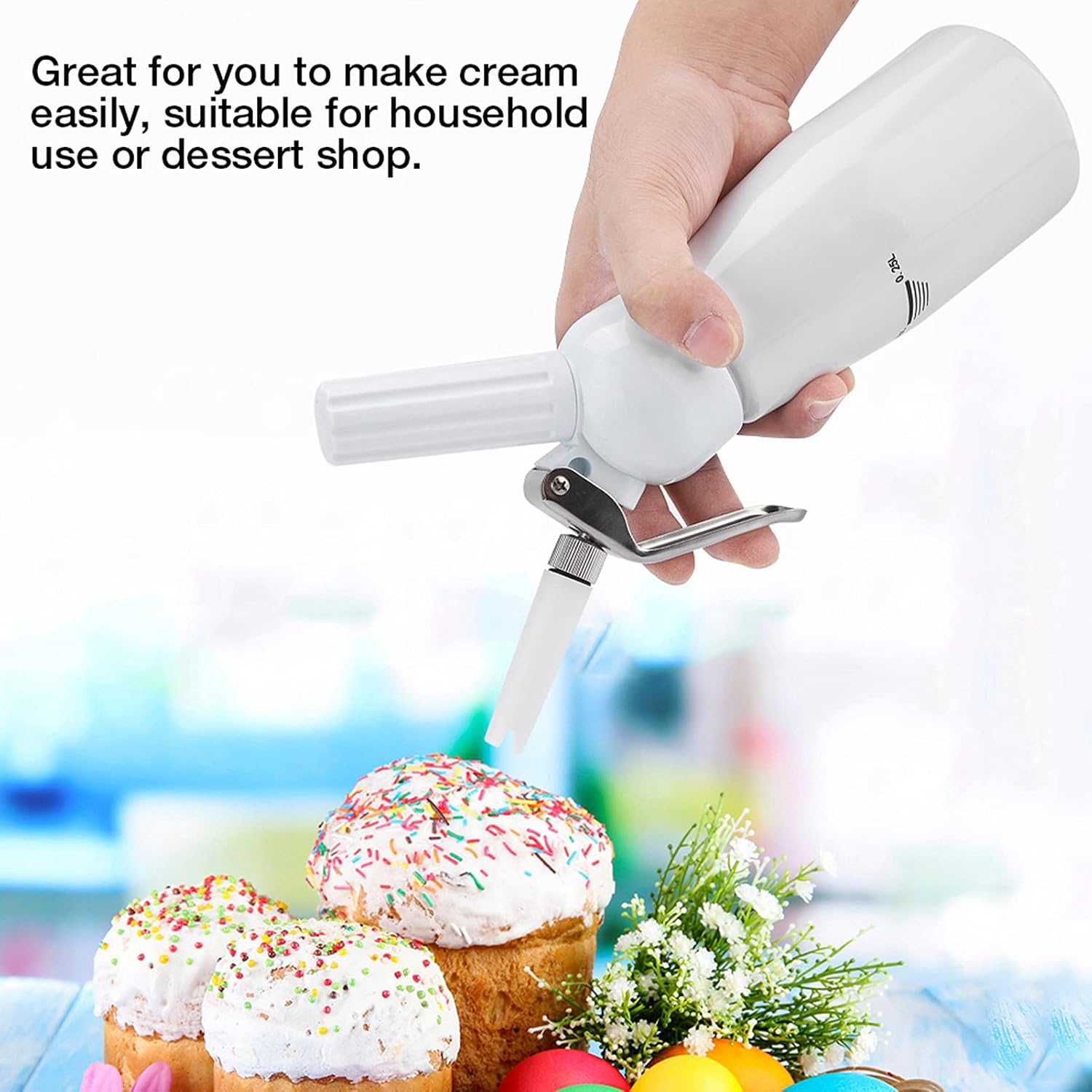 Cream Dispenser, 250mL Portable Whipped Dessert Cream Butter Dispenser with Sturdy Aluminum Body Profesional Whipper Foam Maker(White)(White)