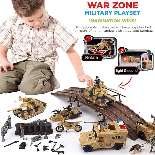 Miniatura 2 de Liberty Imports Juego de 42 piezas de zona de combate de juguete con base militar, lugar de batalla con tanques, barco, motocicleta, camiones,