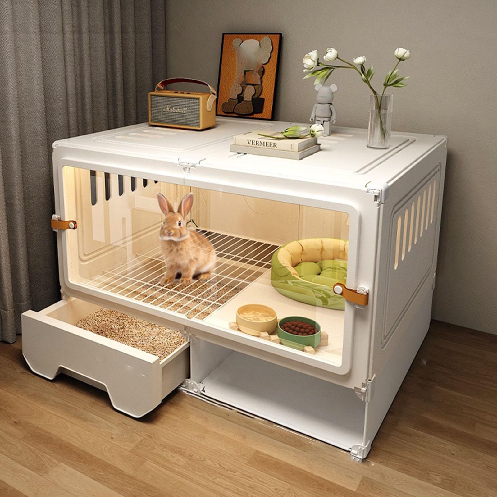 Kaninchenkäfig, Meerschweinchenkäfig, mit transparenter Schiebetür, belüftetem Netzboden und herausziehbarer Schale, Haustiergehege für Kaninchen, Meerschweinchen, Katzen (Weiß, 70 x 45 x 52 cm)
