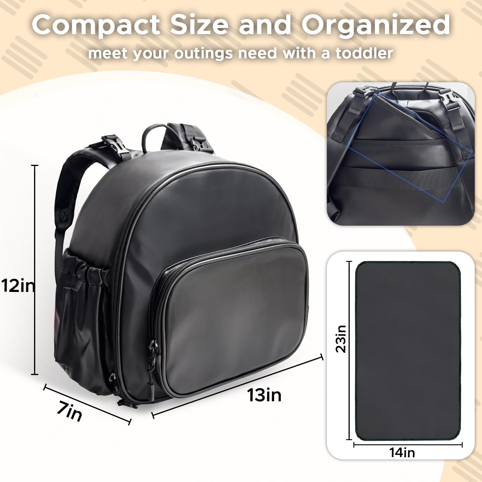 Mochila para pañales, pequeña bolsa de pañales con cambiador, mochilas de bebé para mamá, mini bolsas de maternidad de viaje con bolsillos aislados, correas para cochecito, ligera, de cuero, Negro -,