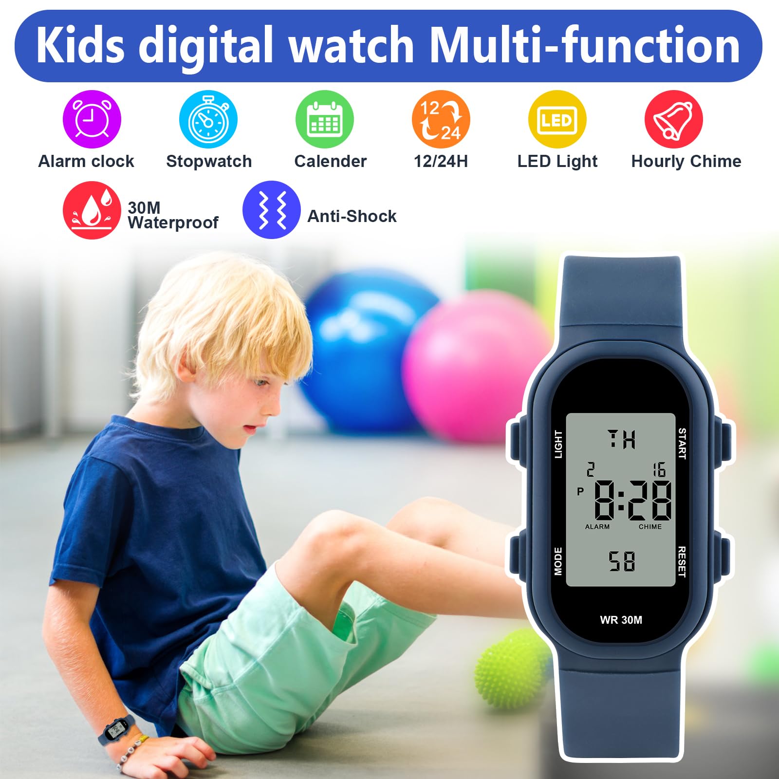 DTKID Reloj Digital para Niños y Niñas, Resistente al Agua hasta 30 M, Apto para Deportes y Actividades al Aire Libre, con Luz, Alarma y Función de Cronómetro