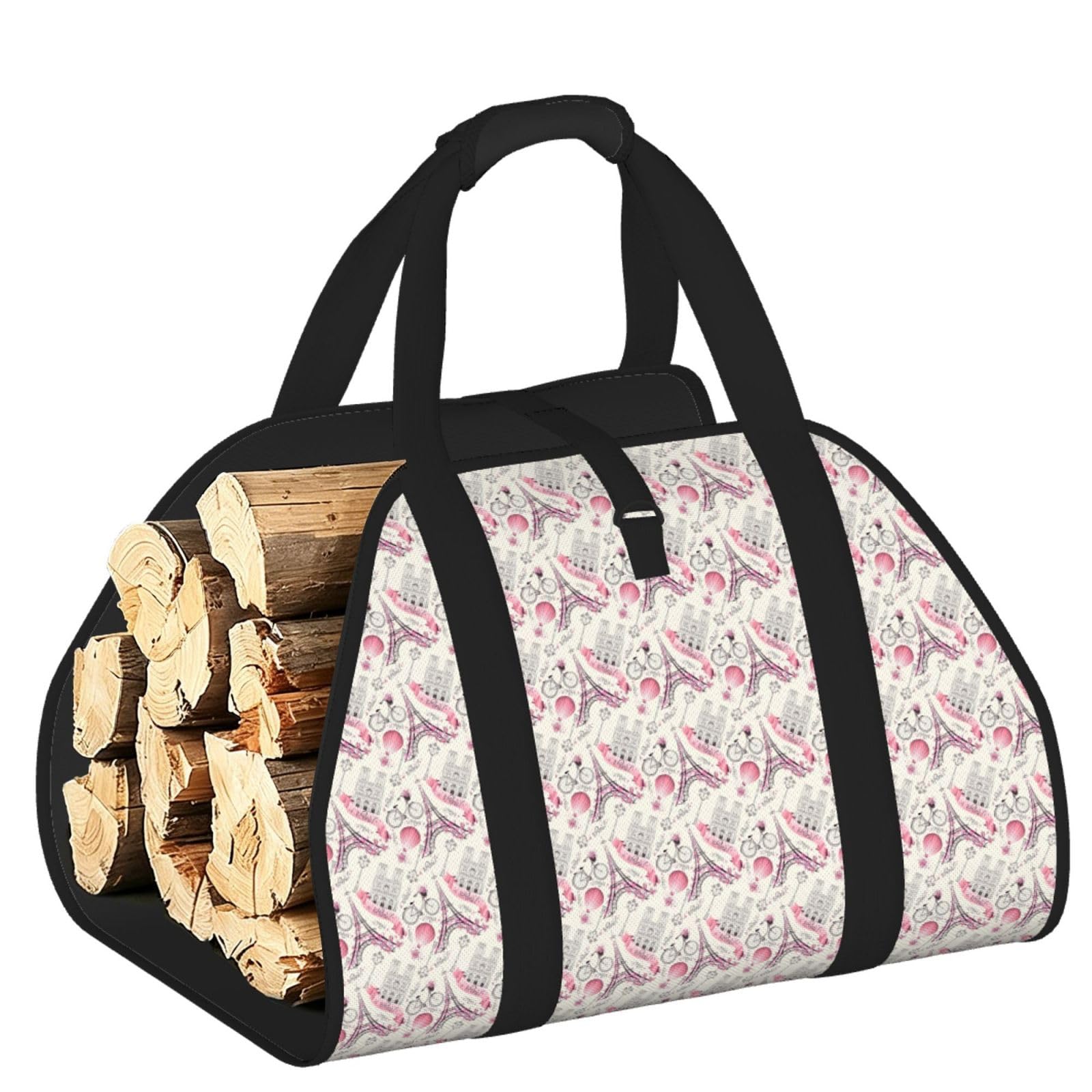 Ayyqwe Black The Paris Tower And A Bicycle Print Firewood Bag Wood Waterproof Versatile Camping Picnic Storage Daily Home