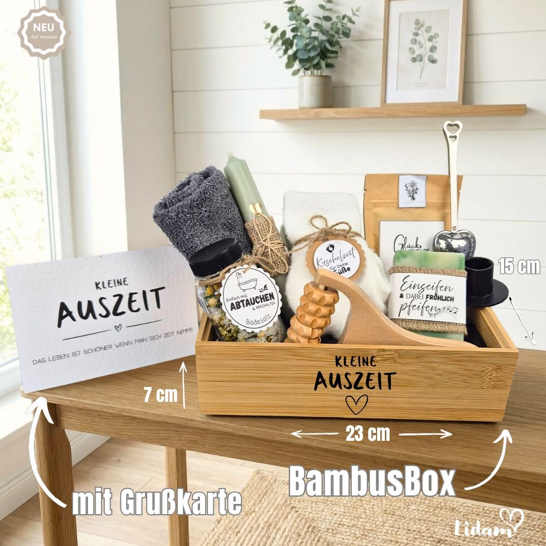 Geschenkset Bambus-Box Frauen Kleine Auszeit | Geschenk Freundin | Entspannung Geschenk | Geschenke für Freundin | Geburtstagsgeschenk Frauen | Geschenkidee | Wellness Set