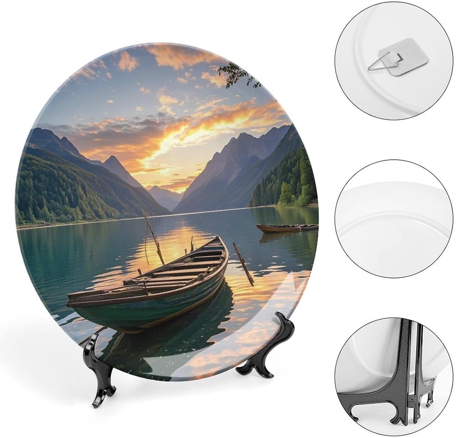 River Sunset Wooden Boat Decorative Ceramic Plate Round Porcelain Plate Decor Personalized Bone China Decorative Plates Ceramic Ornaments Dessert Plates with Display Stand 10inch