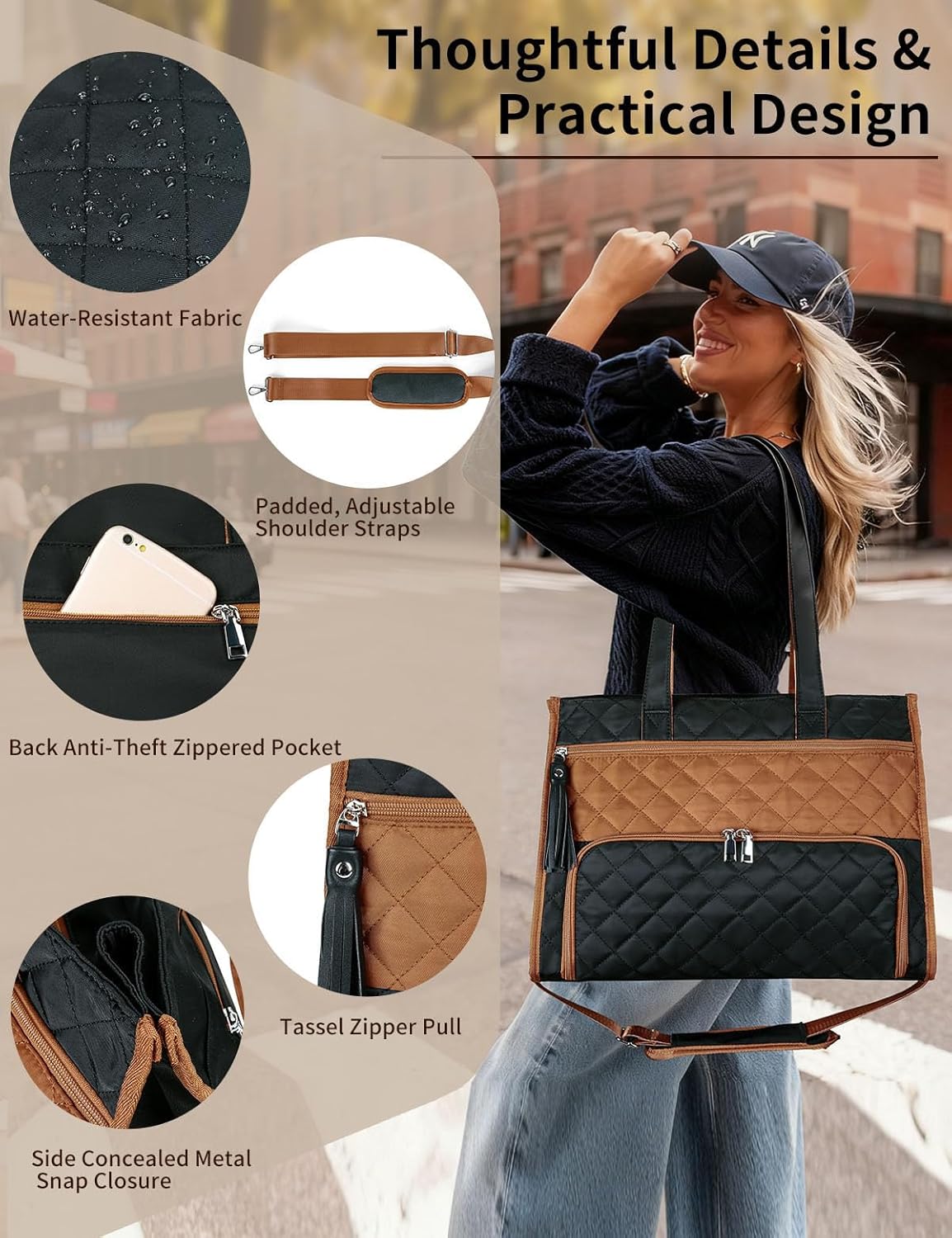 Rexmore Puffer Lunch Tote Bag for Women with Insulated Compartment & 15.6" Laptop Sleeve, 2 in 1 Quilted Computer Purse with Cup Holder for Work, College, Travel(Black-Brown) - Image 6