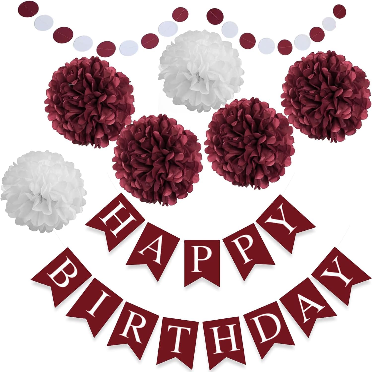 8pcs Burgundy Maroon White Birthday Hanging Party Streamers Paper Garland Tissue Paper Flower Pom Poms Bridal Shower Wedding Bachelorette Party