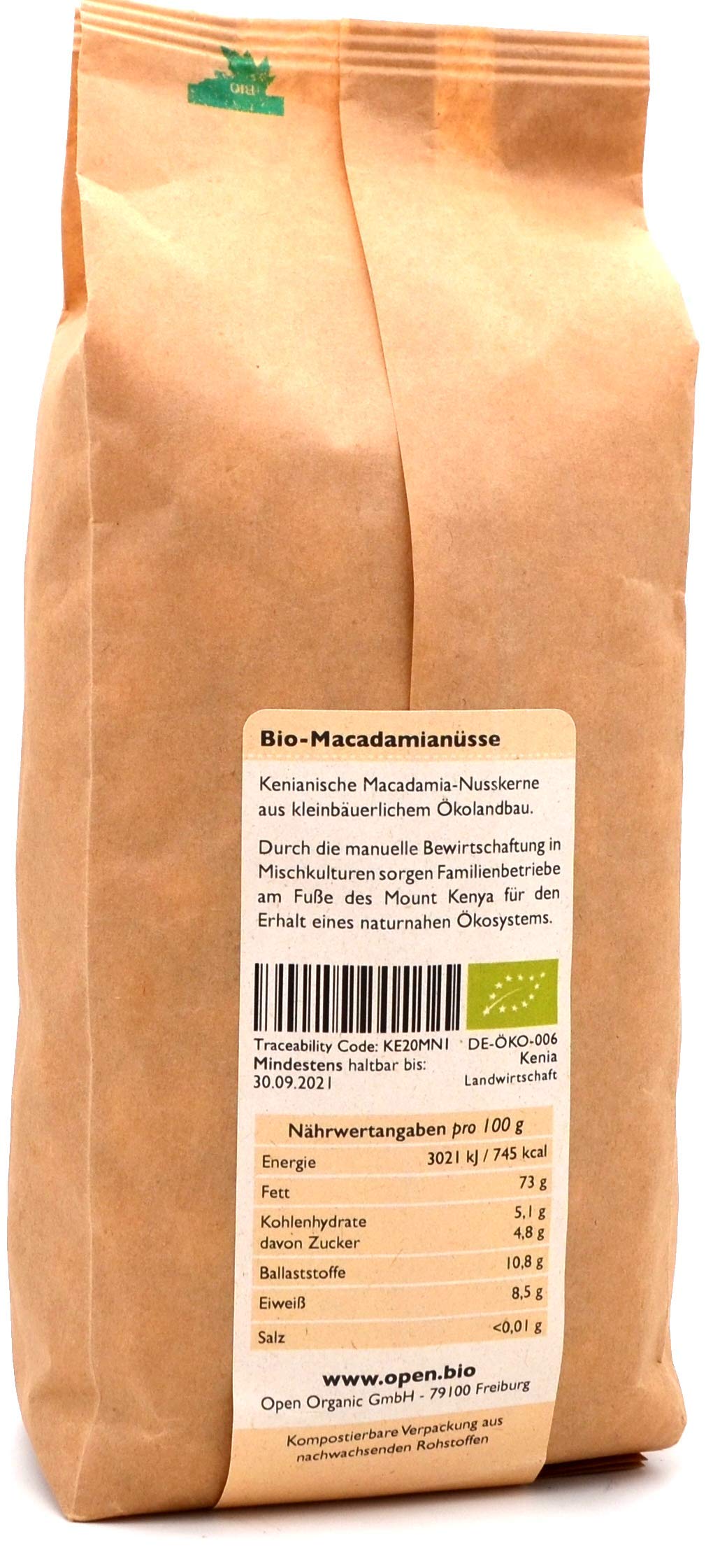 Bio-Macadamianüsse 800g - Macadamia ohne Schale - ungeröstet und ungesalzen - Nachfüllpackung für 0,8kg Glas - naturbelassen aus kleinbäuerlicher Landwirtschaft am Mount Kenya