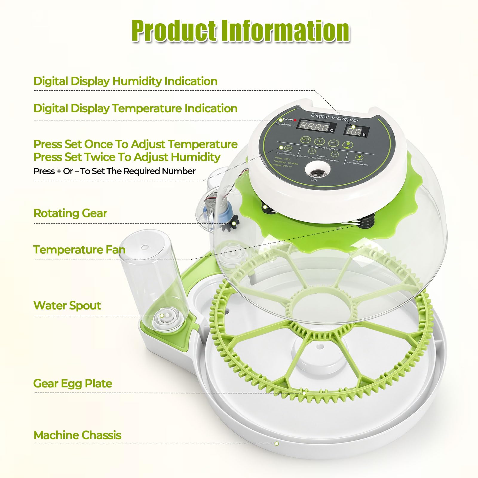 Incubadora para 8 huevos con giro automático, incubadora para incubar huevos con indicador de humedad, control de temperatura y llenado automático de agua para pollos, patos, codornices