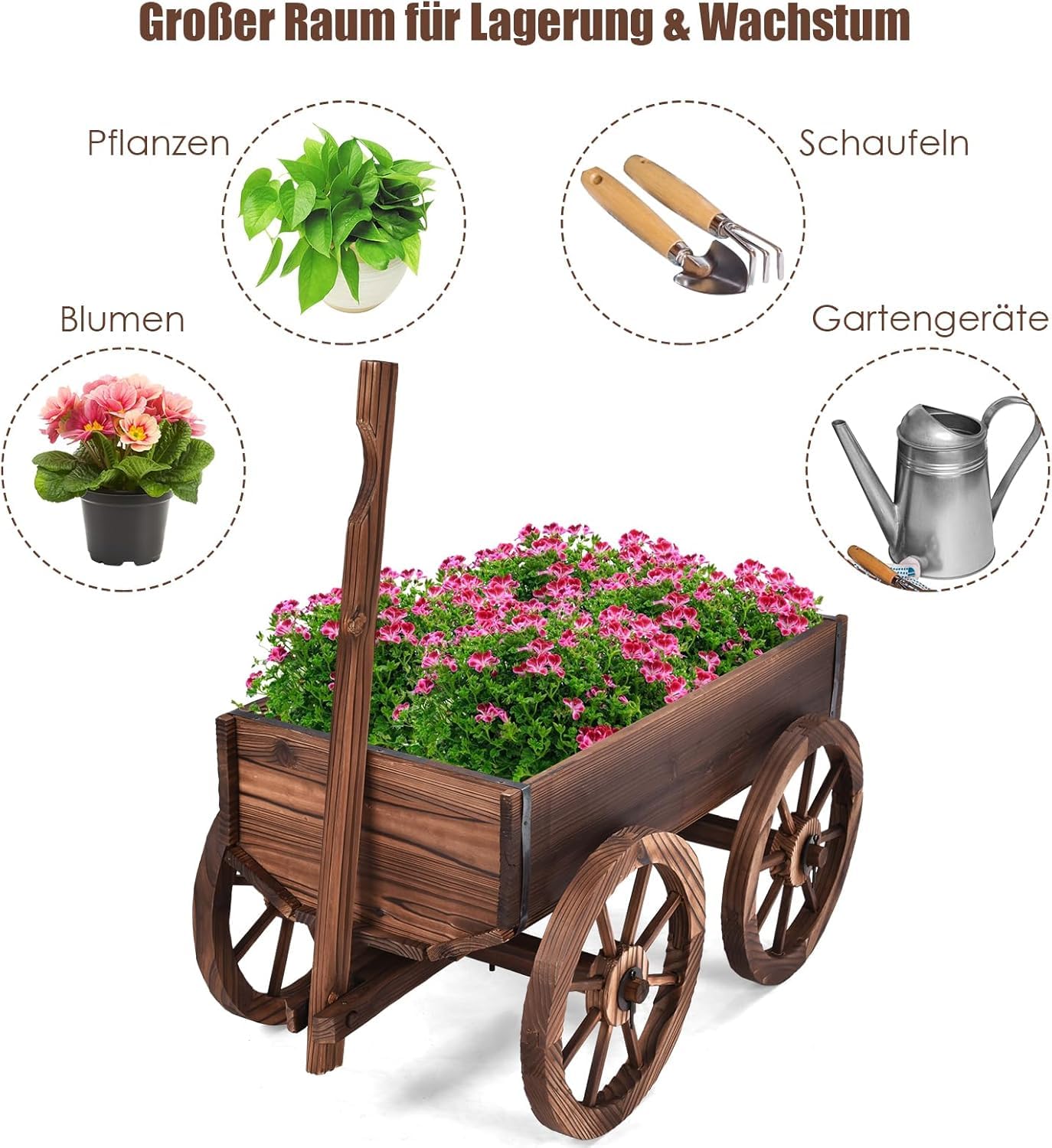 GOPLUS Blumenwagen Holz, Pflanzwagen mit 4 Rädern, Pflanzschubkarre mit Verstellbarer Griff, Pflanztopf Garten mit Ablauflöchern, Bollerwagen Schubkarre Blumenkarre Gartendeko Outdoor, 120x43x53,5 cm