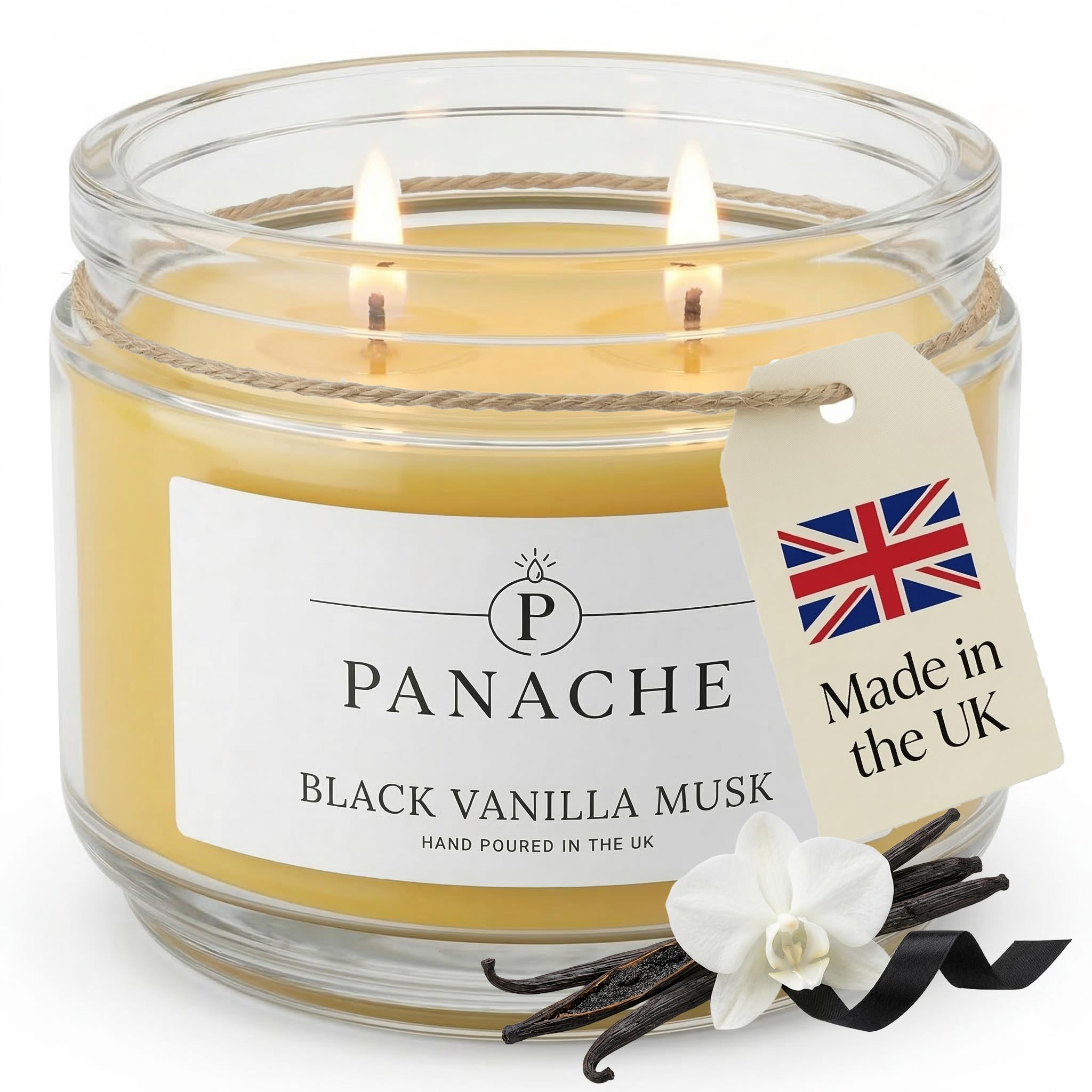 Zan Village Homeware Black Vanilla Musk Panache Scented Candle – Double Wick Soy Wax Candle, 48 Hour Burn Time, Hand Poured In Uk, Clean Burning Cotton Wicks, Luxury Glass Jar Candle For Home Fragrance & Gifts (320G)