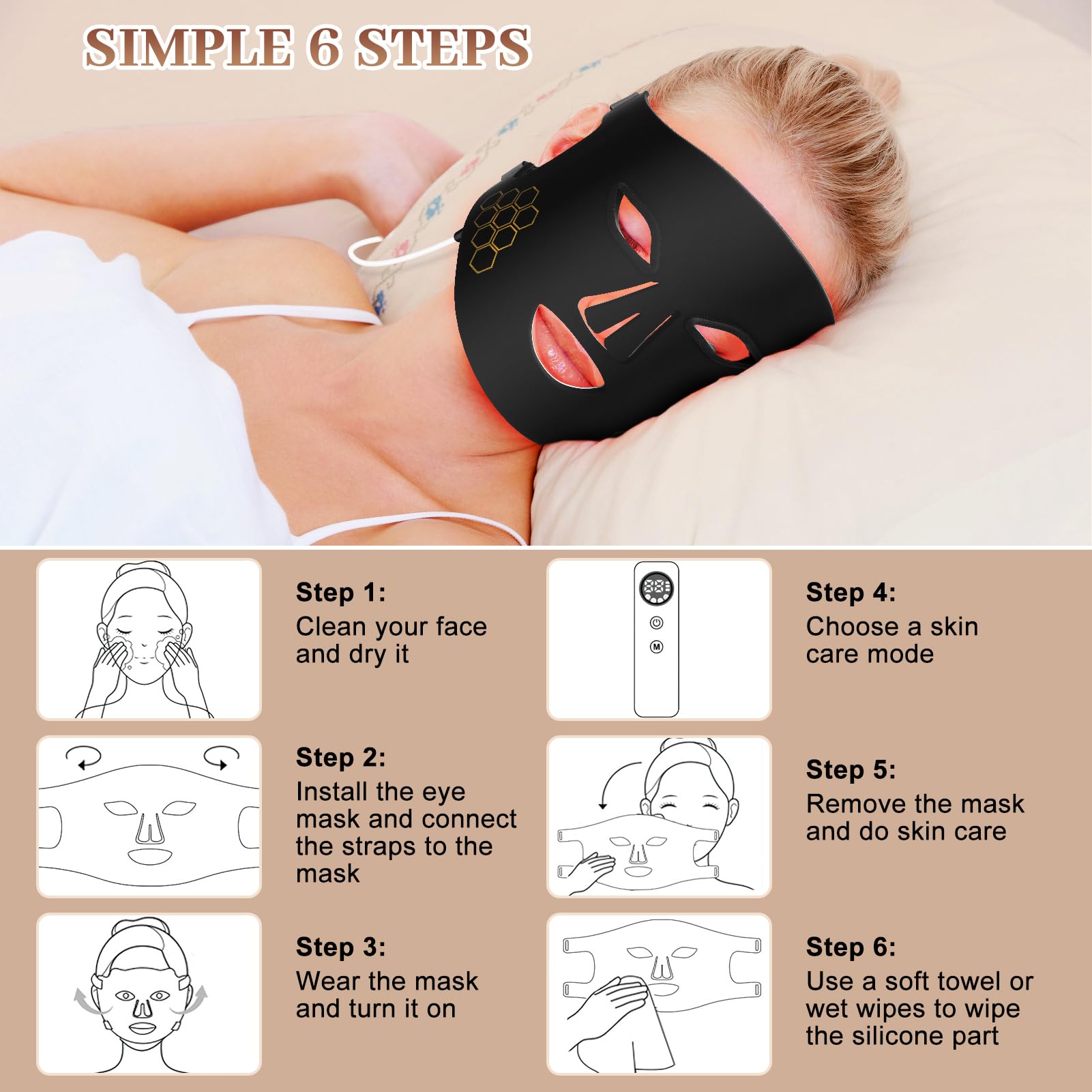 Masque facial à LED, Luckits masque de luminothérapie rouge avec 4 modes d'éclairage et télécommande, 216 ampoules LED, masque de luminothérapie infrarouge flexible en silicone pour visage les rides