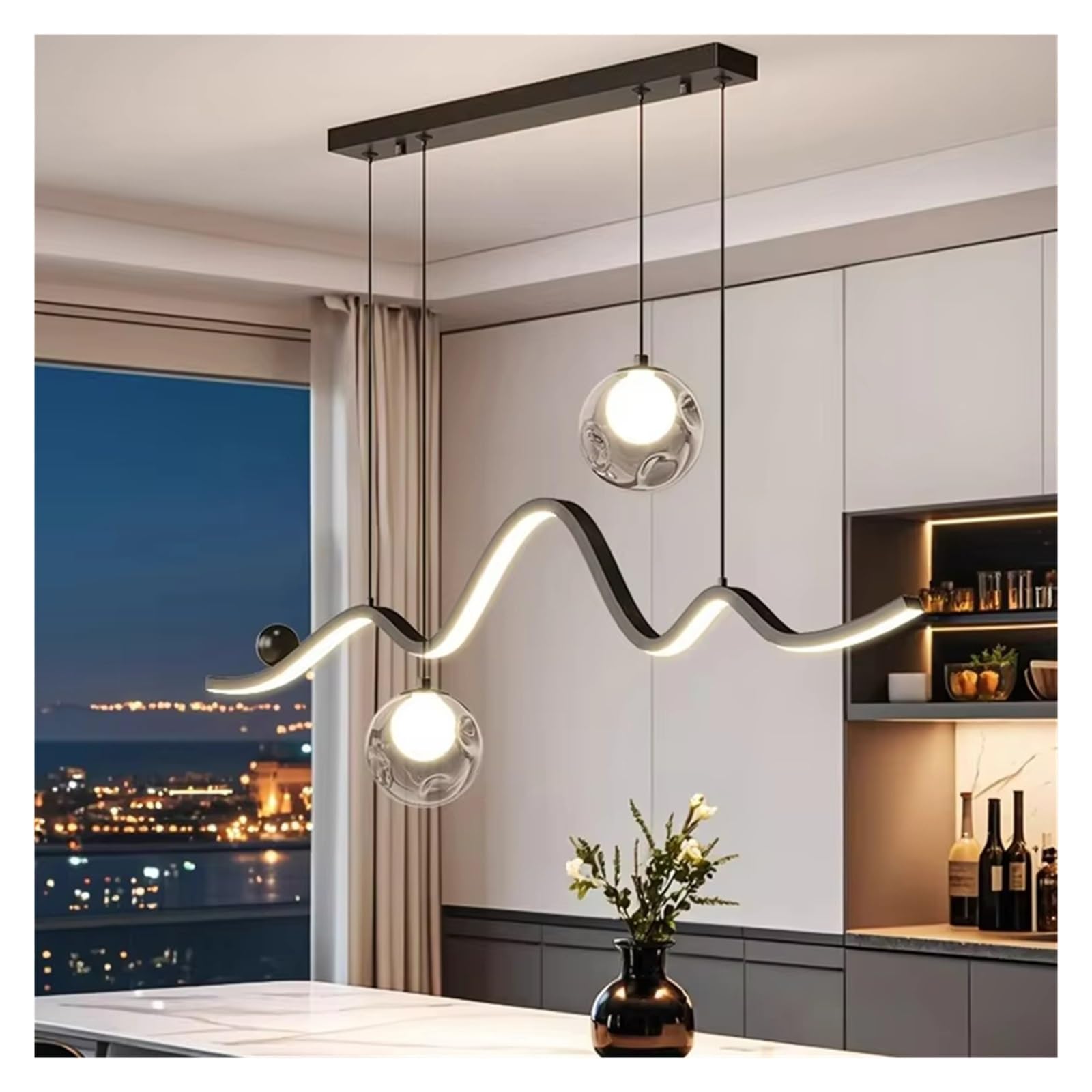 Lustre en verre LED linéaire noir antiéblouissement pour illuminer un grand salon