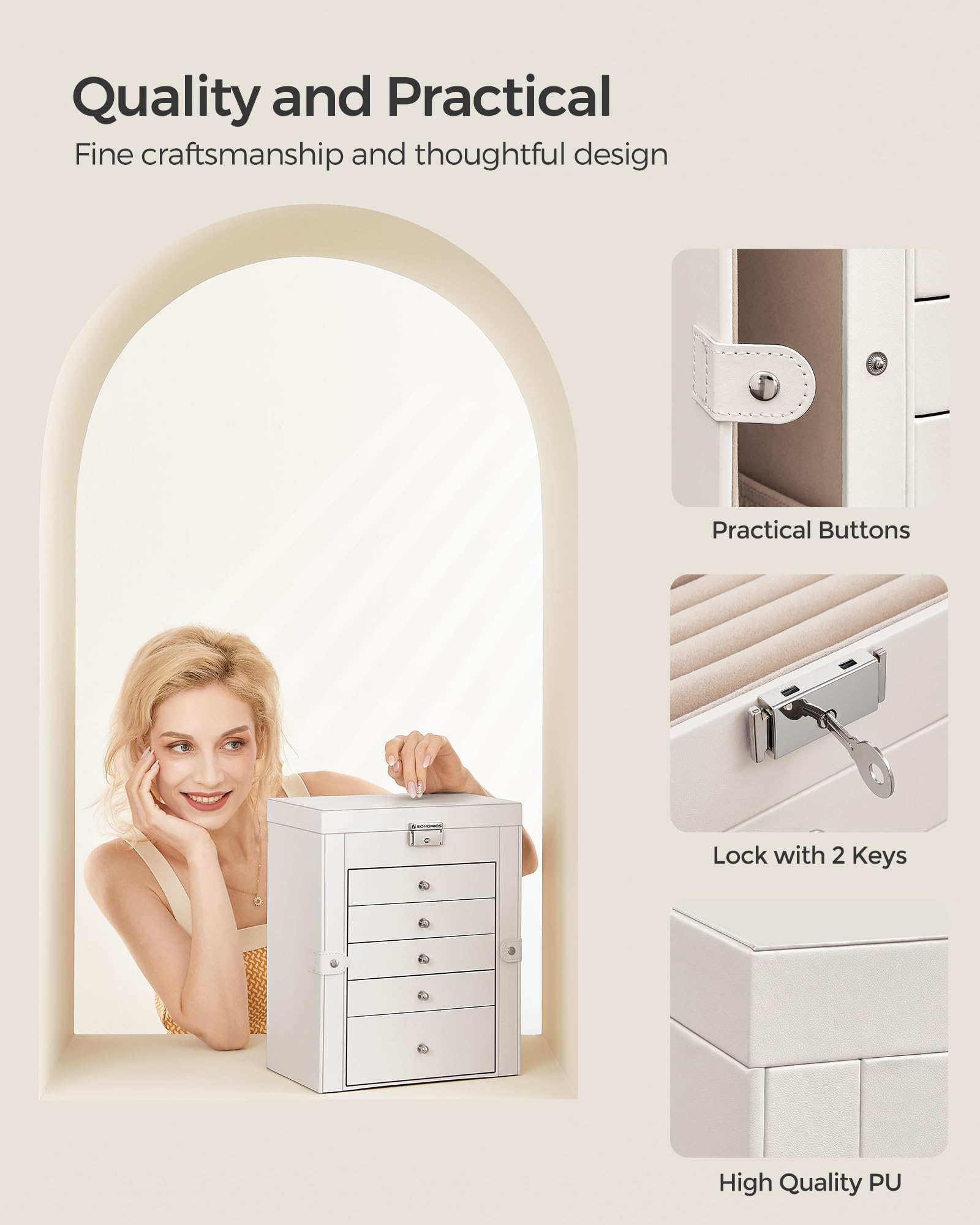 SONGMICS 6 Tier Jewelry Box, Jewelry Storage Organizer with 5 Drawers, Large Storage Capacity, with Mirror, Lockable, Jewelry Case, Gift for Loved Ones, For Watches, White UJBC152W01