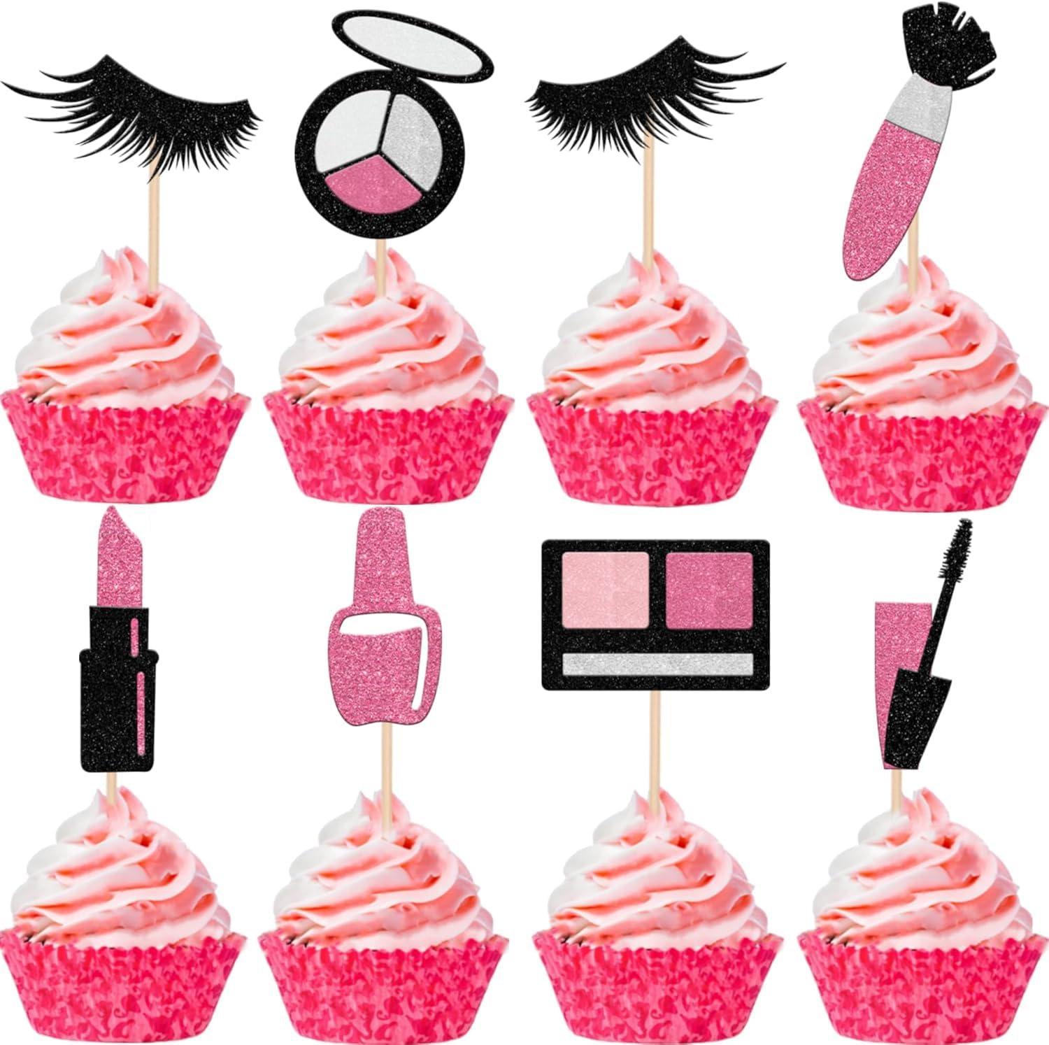 SYKYCTCY 24 Pack Makeup Cupcake Toppers Glitte Cosmetics Lipstick Eyelashes Cake Picks Make Up theme Girls Birthday Party Decorations Supplies