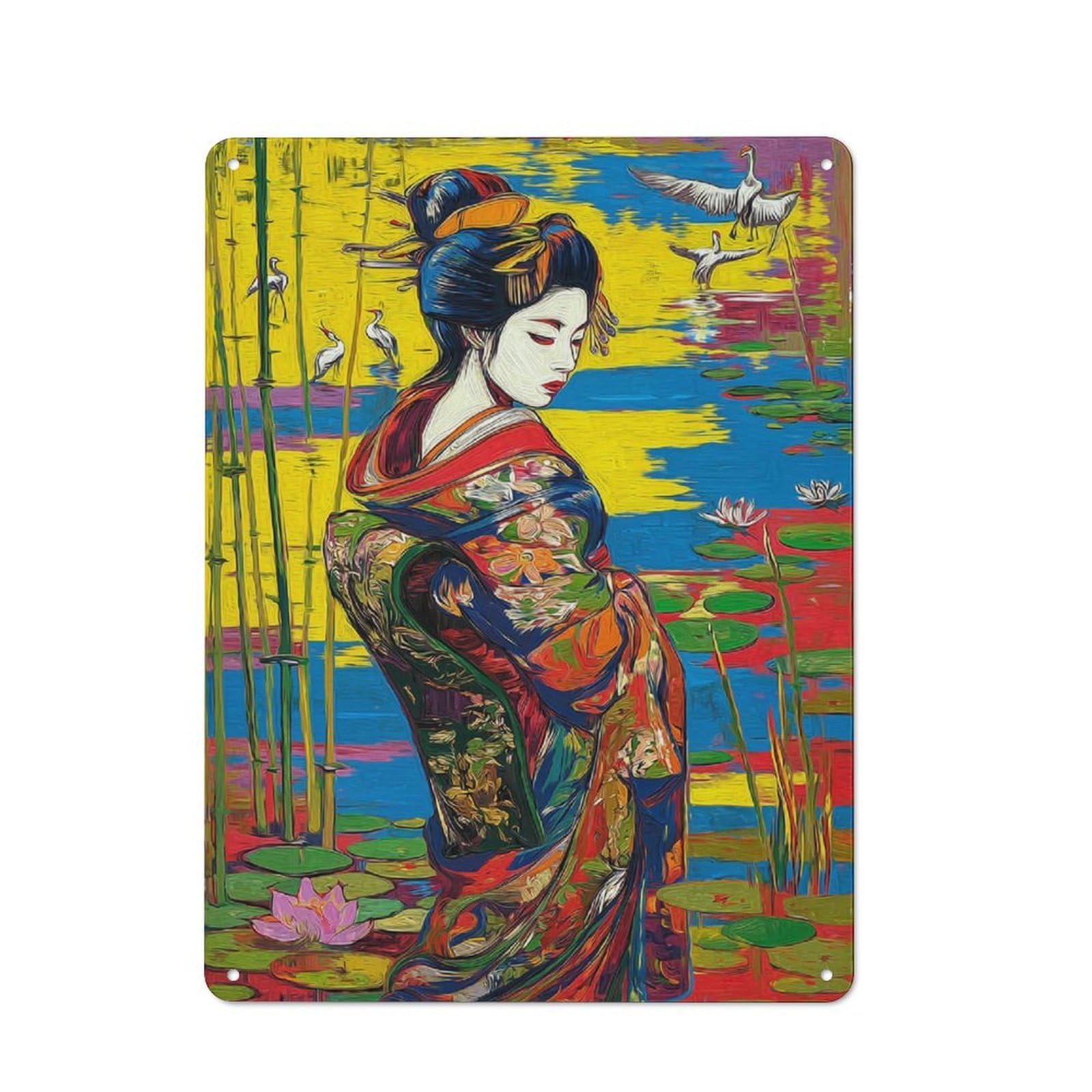 Junmoney Geisha In A Lush, Colorful Landscape Classic Metal Plaque 40X30cm Featuring Bistro Wall Plaque For Kitchen, Cafe, Pantry Or Dining Room