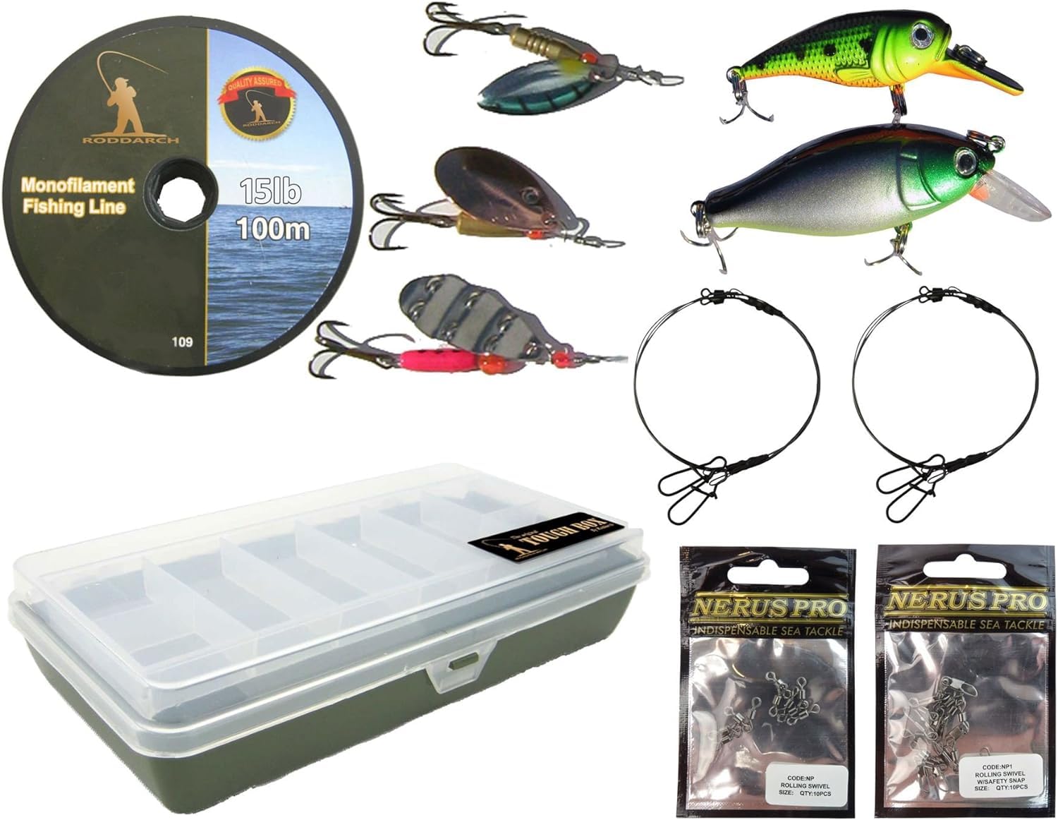 Roddarch Pike Fishing Spinning Tackle Box Set Including Traces Spinners Plugs Swivels Line Lures