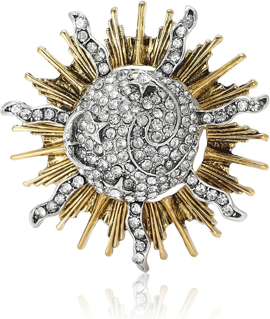 Rhinestone Moon/Sun Brooch Pin for Women Crystal Celestial Brooches Elegant Dress Suit Accessories Sun/Moon Lapel Pins Jewelry