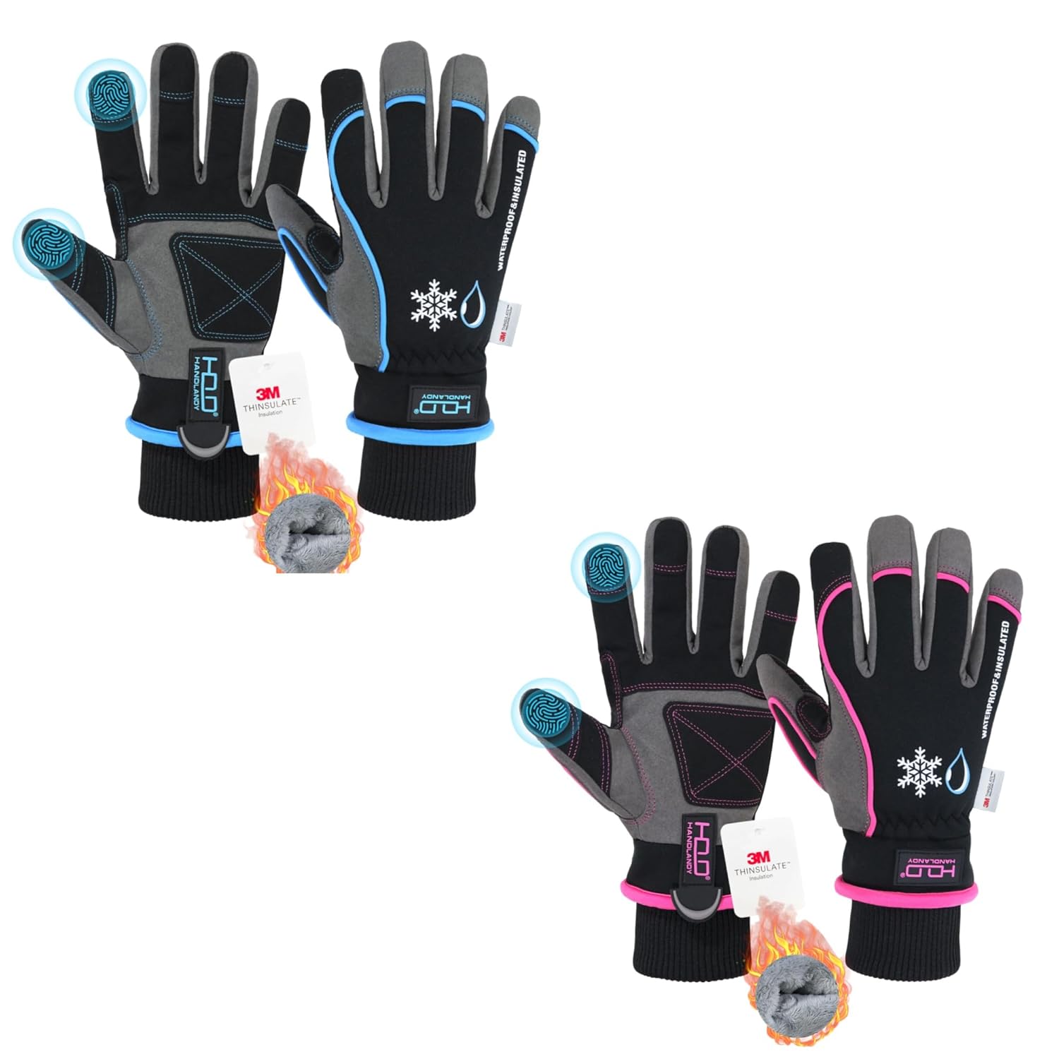HANDLANDY Waterproof Insulated Work Gloves, 3M Thinsulate Thermal Winter Gloves for Men Women Touch Screen, Warm Ski Snowboard Cold Weather Gloves (Blue, Pink)