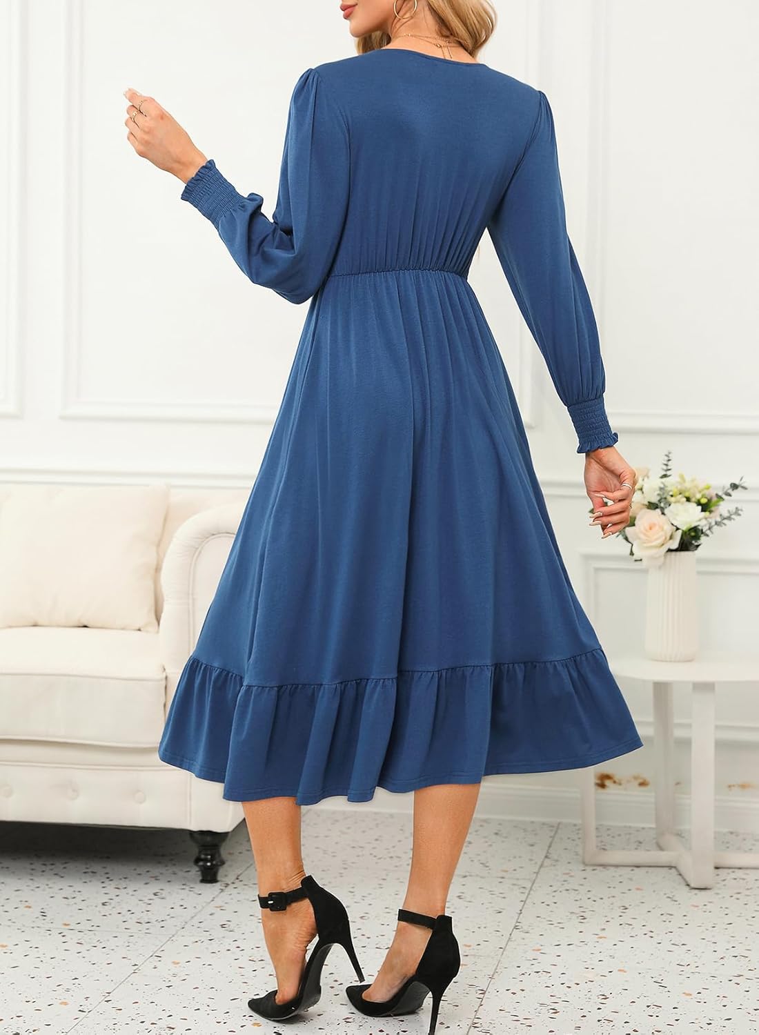 Dokotoo Womens 2026 Wrap V-Neck Twist Knot Long Sleeve Empire Waist Midi Maxi Dress A-Line Ruched Flowy Dress with Pockets - Image 2