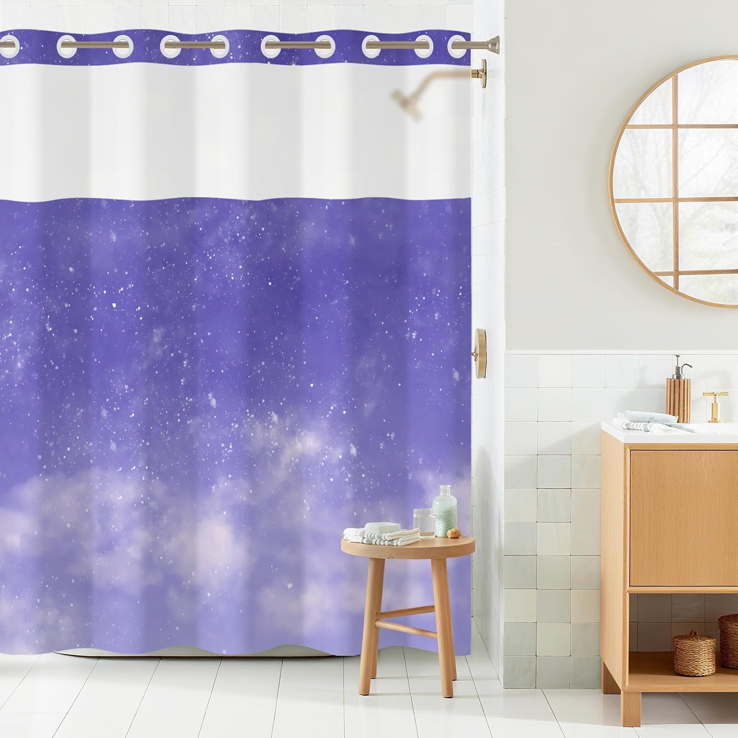 Baocicco Purple No Hook Shower Curtain Set for Kids Girls Bath Abstract Minimalist Stylish Fabric Bathroom Curtain with See-Through Top Window Modern Hotel Style Shower Curtain 71x74 Inch