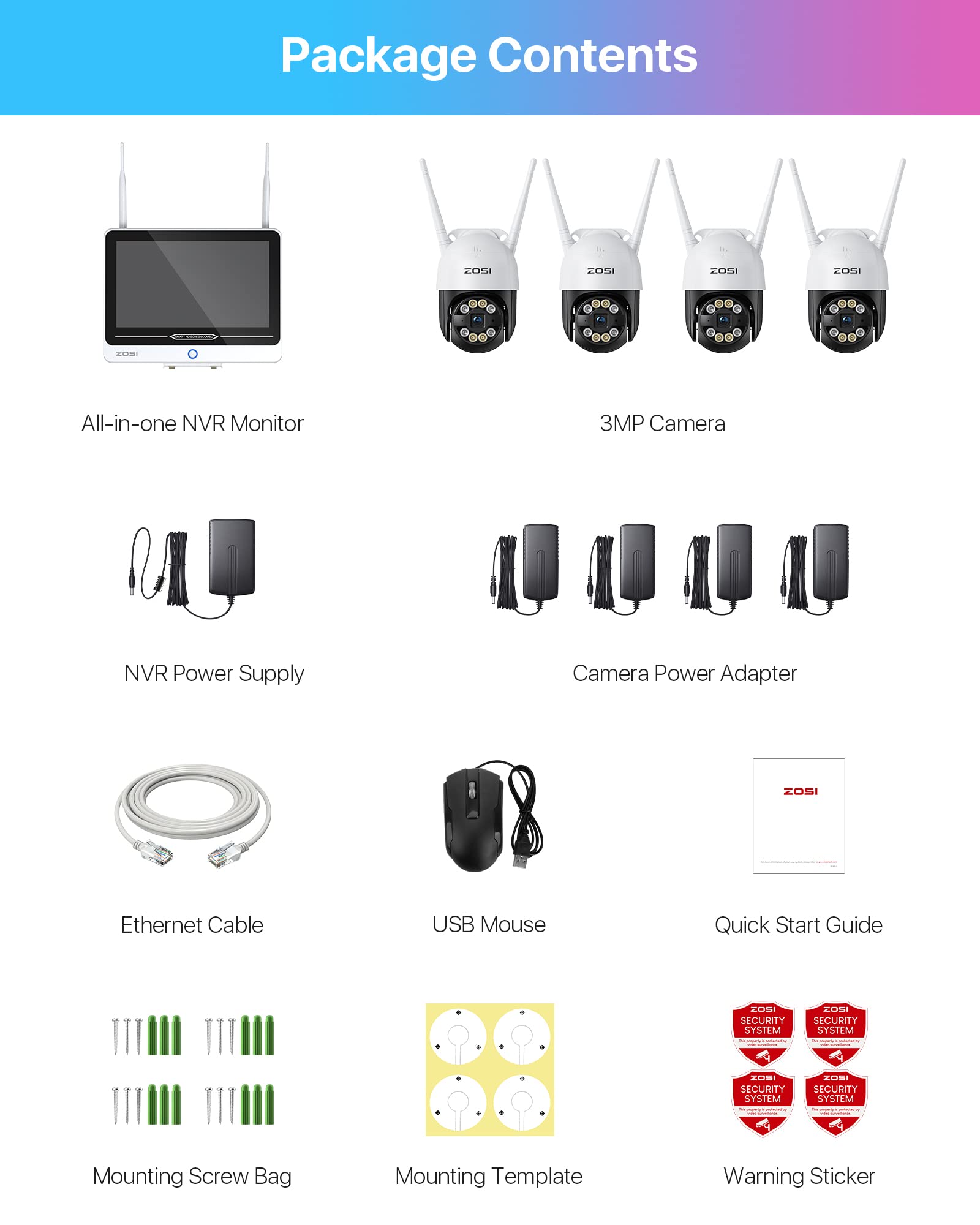 ZOSI Kit Cámara de Seguridad WiFi 8CH 4MP H.265+ Grabador NVR Monitor LCD de 12,5 Pulgadas(2 en 1) y (4) 2K 3MP Cámara de Vigilancia Exterior, 1TB HDD, Visión Nocturna