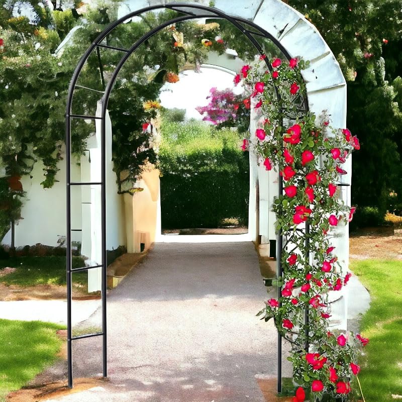 Faboer Large 2.4M Metal Garden Arch Heavy Duty Strong Tubular Arbour For Roses Climbing Plants Support Archway Decoration