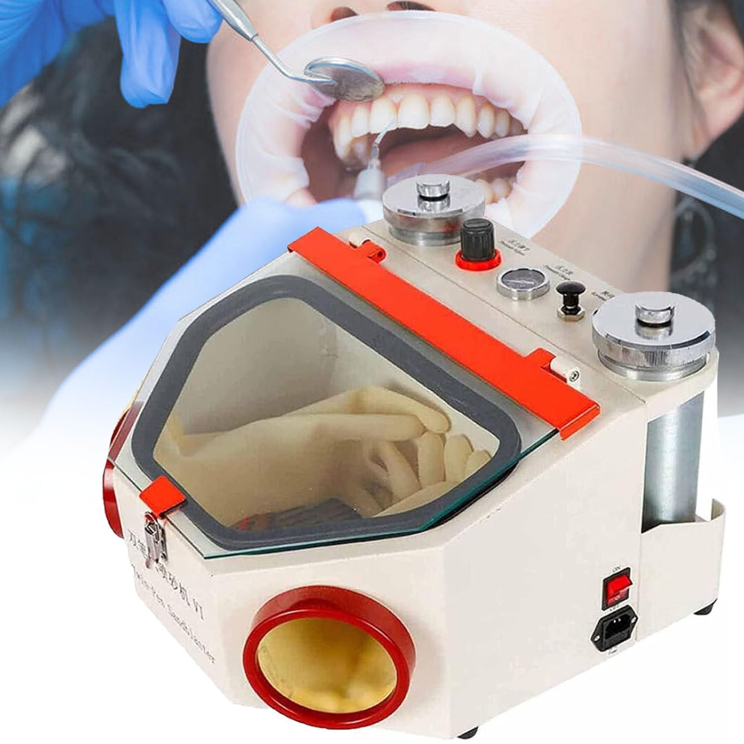 Sabbiatrice dentale, design fine a doppia penna, luce LED, ampia finestra di visualizzazione, controllo a pedale, 2 serbatoi, ideale per laboratori dentali e uso professionale