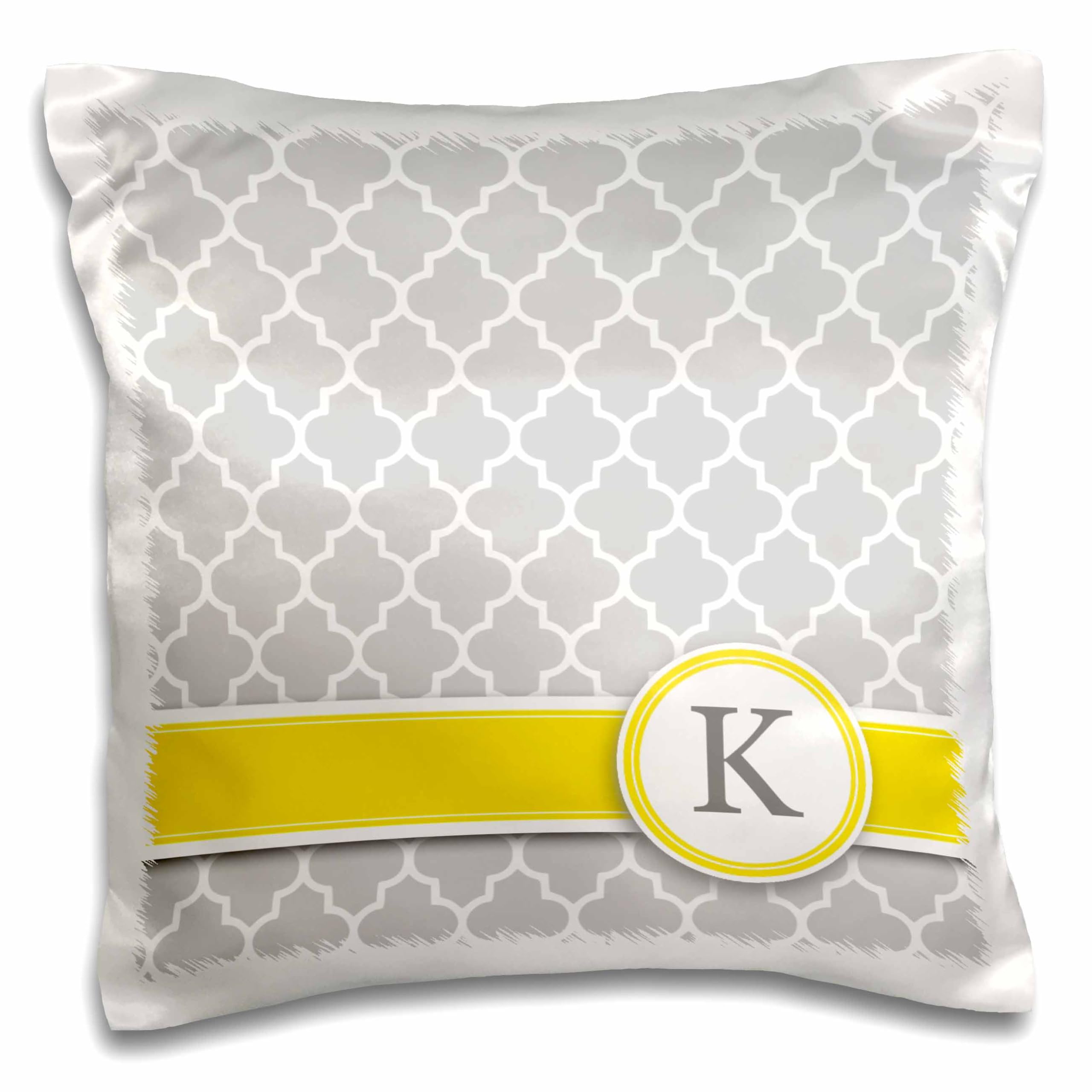 3dRose pc_154577_1 Your Personal Name Initial Letter K Monogrammed Grey Quatrefoil Pattern Personalized Yellow Gray Pillow Case, 16" x 16"