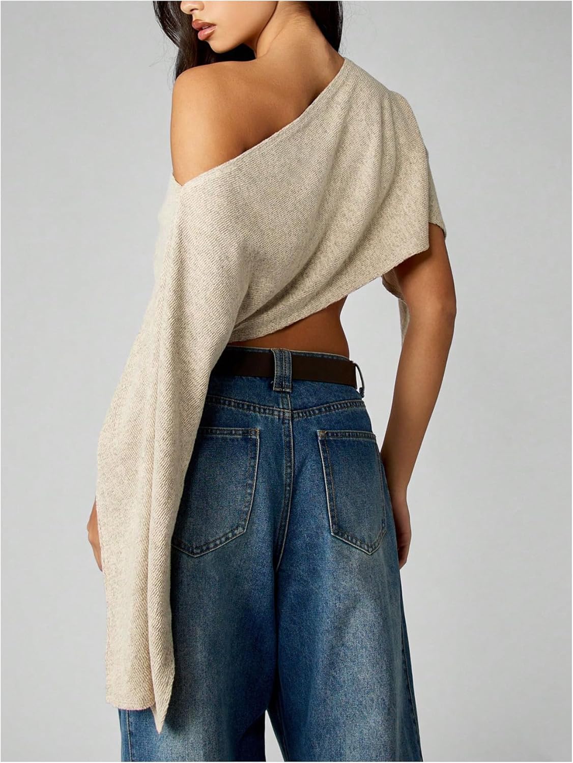 Women's Off The Shoulder Poncho Sweater Knit Pullover Cropped Sweaters Fall Outfits - Image 2