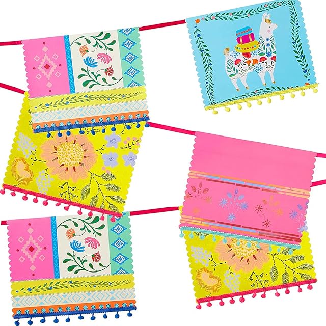 Talking Tables Bohemian Llama Paper Bunting Pom Tassels (4m) -Colourful Mexican Party Supplies for Birthday Celebration, Festival, Encanto Decorations, Banner, Garden Fiesta, Boho Garland 4 MTR