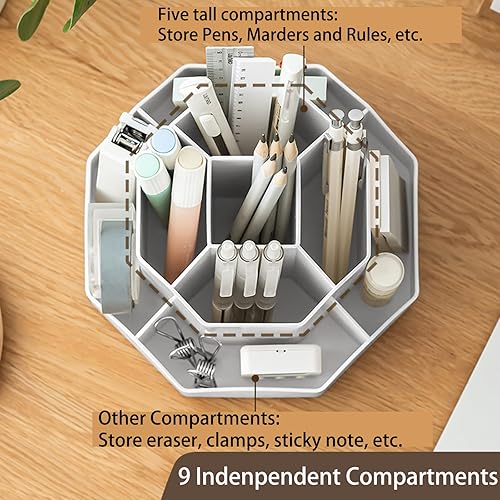 Miniatura 4 de GGIANTGO Organizador de escritorio giratorio de 360 grados, soporte para lápices de 9 ranuras para escritorio, lindo recipiente para oficina,