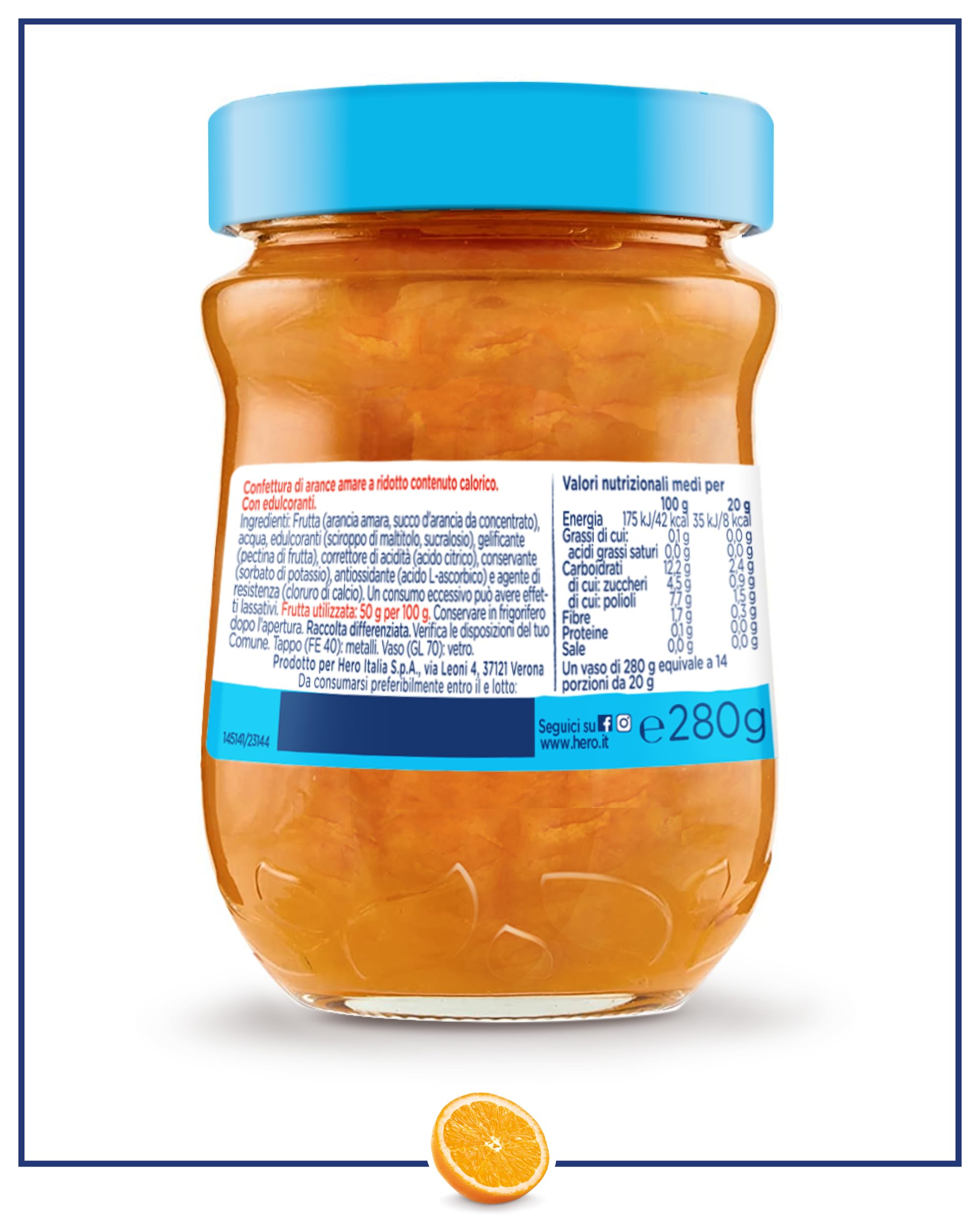 Hero Light Marmellata di Arance Amare Light, 8 Vasetti da 280 gr, Marmellata e Confettura Extra, Frutta di Alta Qualità, senza conservanti e senza coloranti, Pochissime Calorie per Porzione