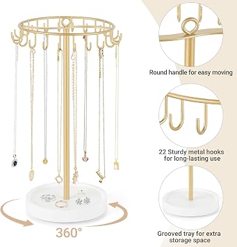 Mkono Rotating Necklace Holder, Gold Jewelry Display Rack Organizer Stand