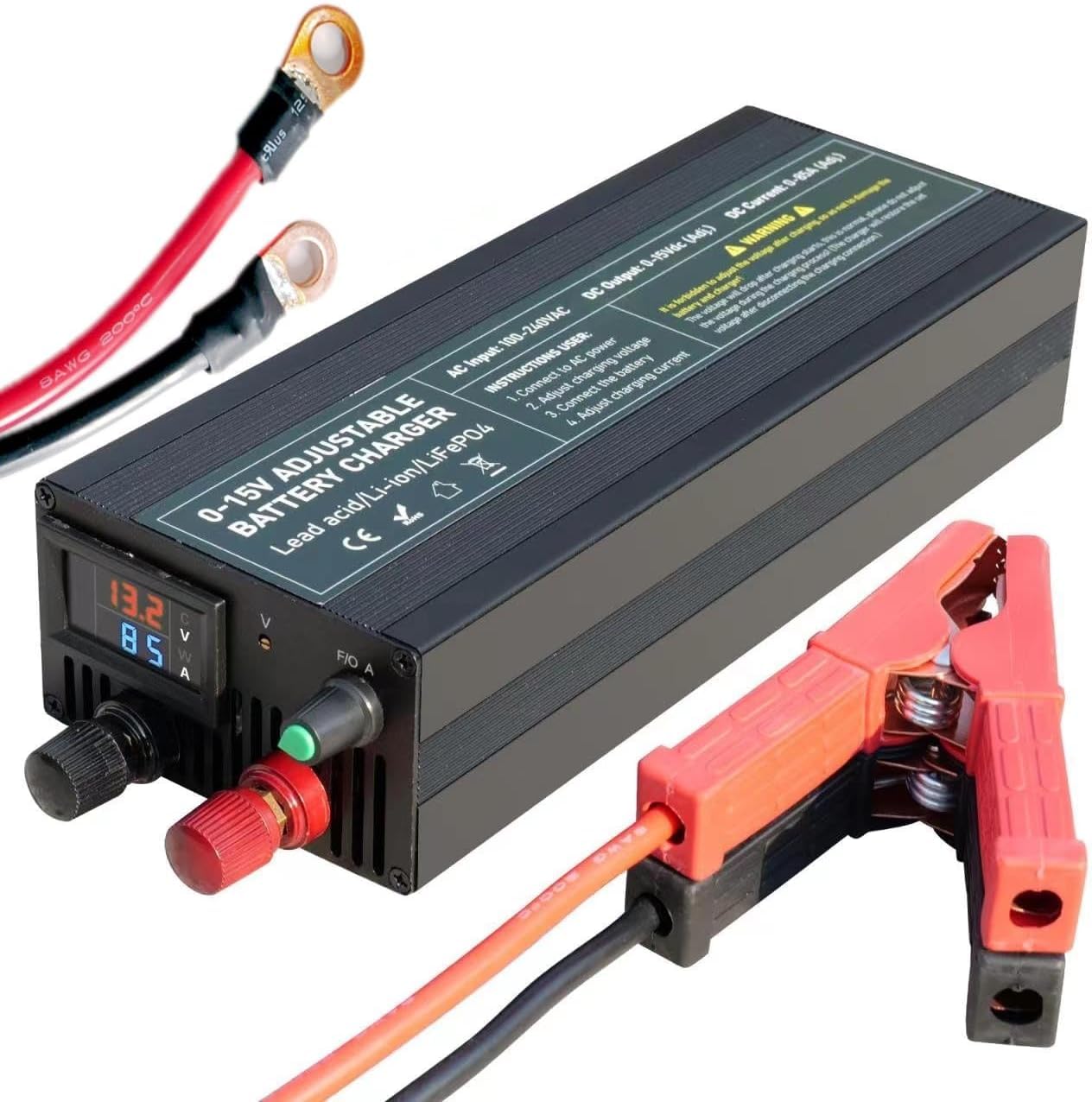 Cargador Batería LiFePO4 12V 100A, Regulación Voltaje Multivueltas 0-15V Preciso, Cargador Baterías 12.6V 14.6V Rápido, Terminales Positivo/Negativo Reemplazables