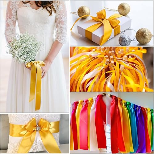 Miniatura 4 de Cinta de satén amarillo de color sólido, 38 pulgadas x 25 yardas, cinta de satén de tela para envolver regalos, manualidades, fabricación de lazos