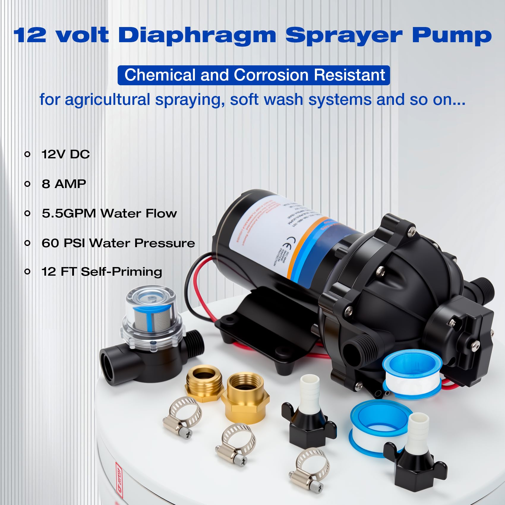 12 Volt Sprayer Pump, Soft Wash Pump, 5.5GPM, 60PSI 10 Amps