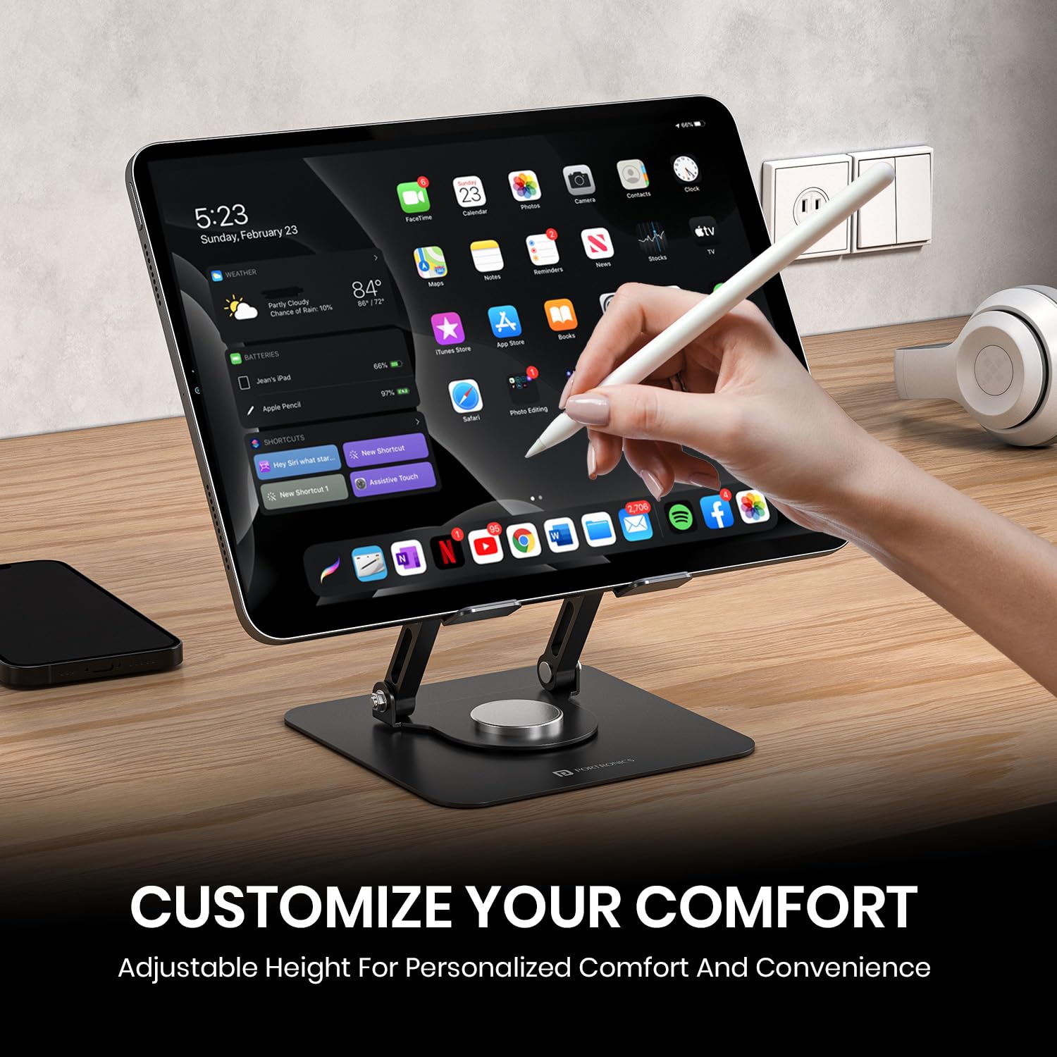 Portronics My Buddy A1, Metal Tablet Stand, 360° Rotating Base, Height & Angle Adjustable, Supports Up to 12 Inch Tablets & 5Kg Load, Foldable & Portable, Anti-Slip Pads (Grey) — Amazon image 2