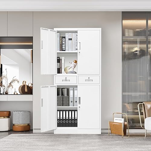 Miniatura 68 de Armario de almacenamiento de metal con puertas con cerradura y 2 estantes ajustables, gabinetes de metal de 71 pulgadas de alto, armarios de garaje,